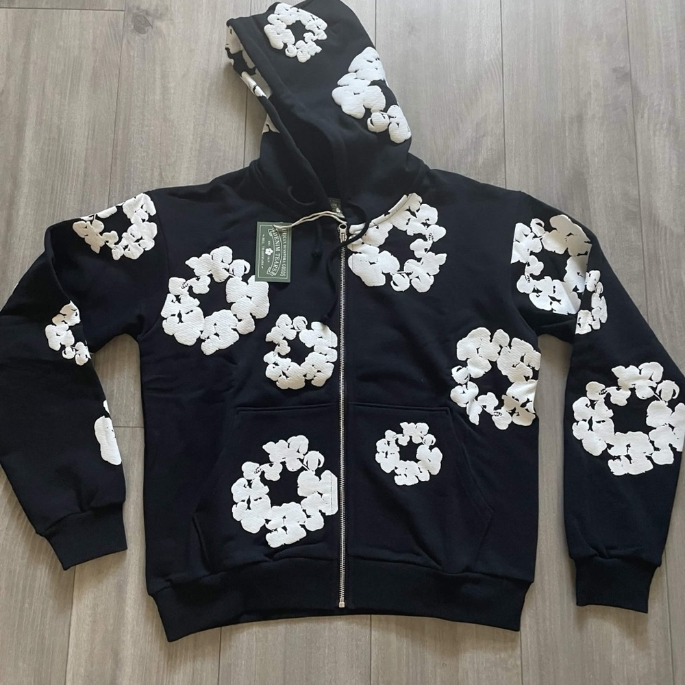 Xs black zip up denim tears hoodie